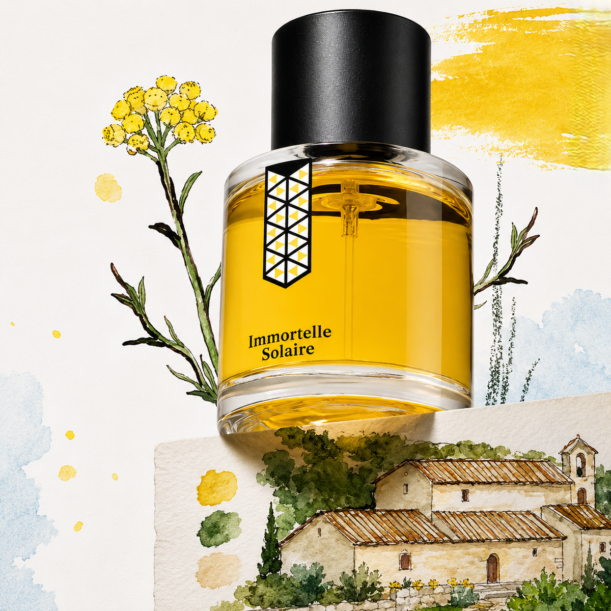 Immortelle Solaire de Les Indémodables, eau de parfum 50 ml, mise en scène avec des fleurs d'immortelle et un mas provençal.