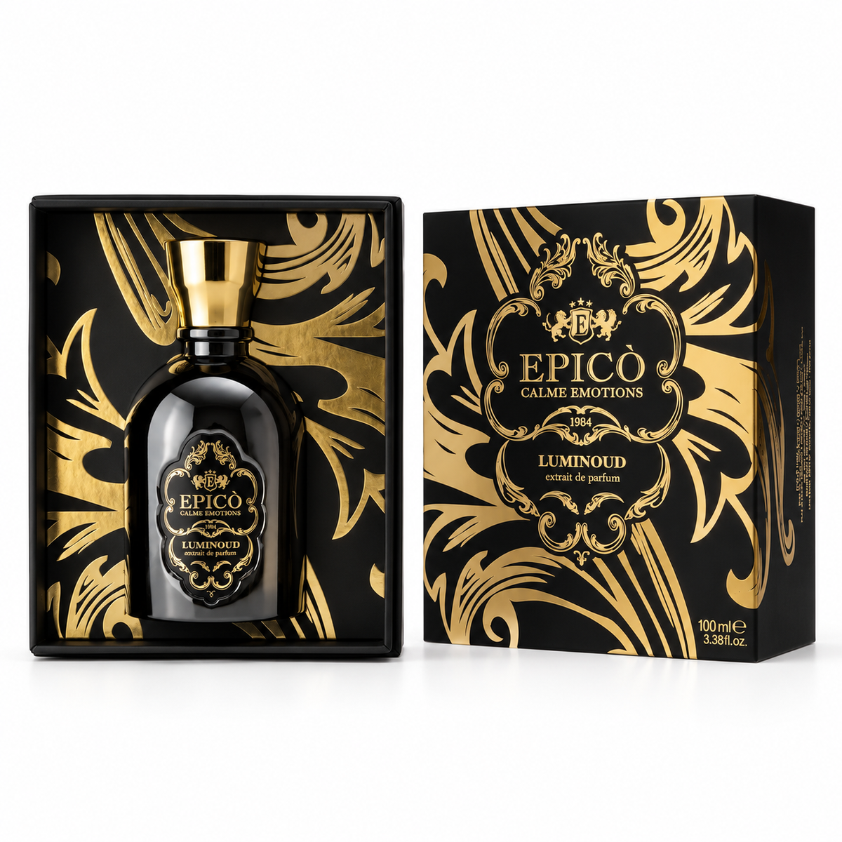 Luminoud d'Epicò, extrait de parfum 100 ml, flacon et coffret sur fond blanc.