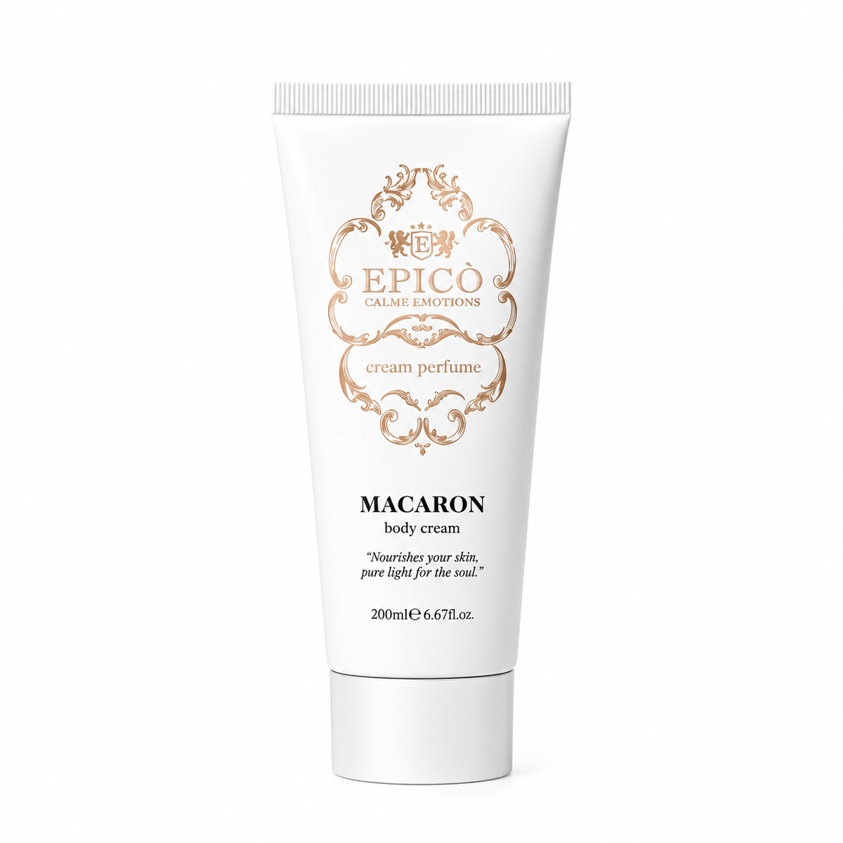 Crème corporelle Macaron d'Epicò, 200 ml, soin parfumé au chocolat et aux baies de goji.