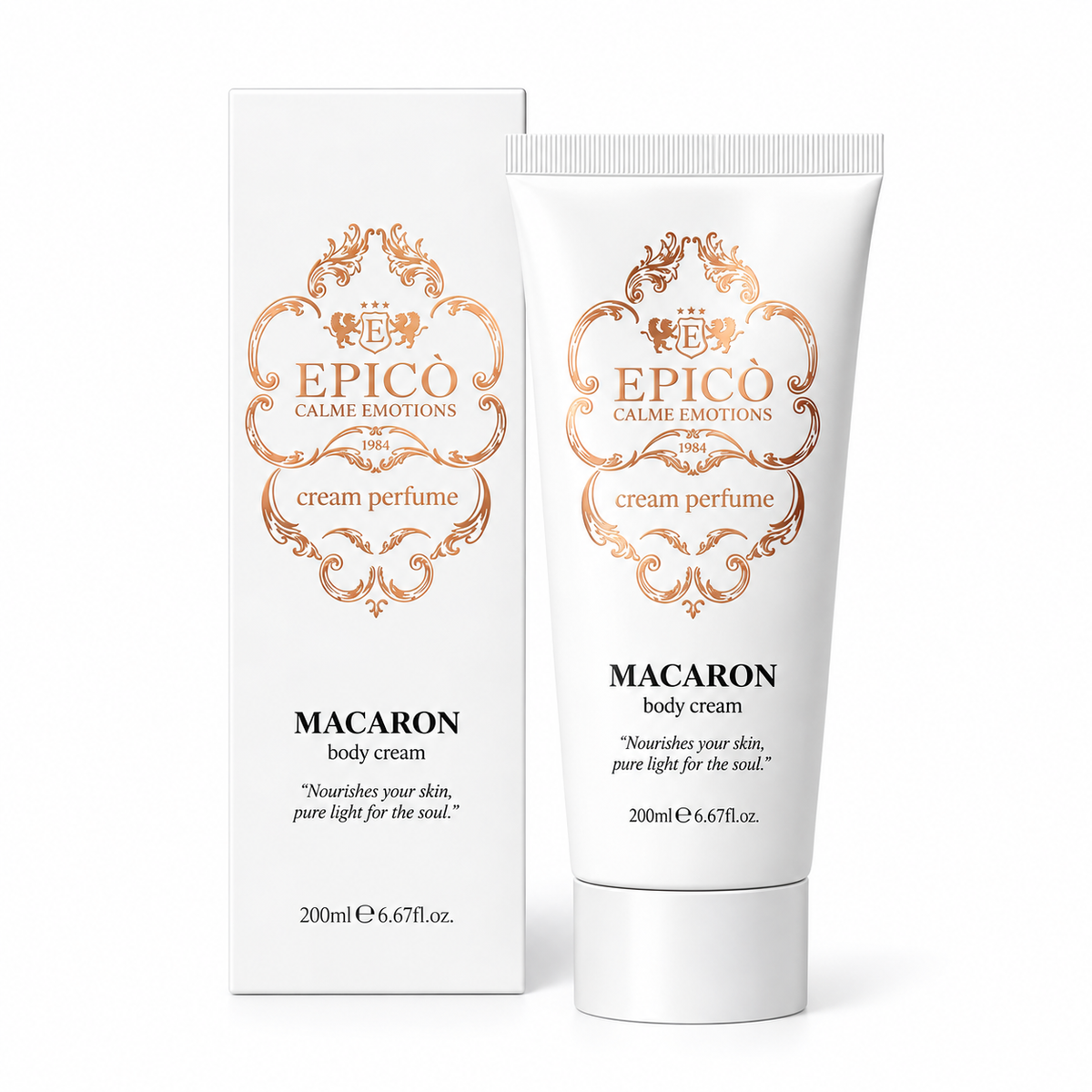 Crème corporelle Macaron d'Epicò, 200 ml, tube et étui sur fond blanc.