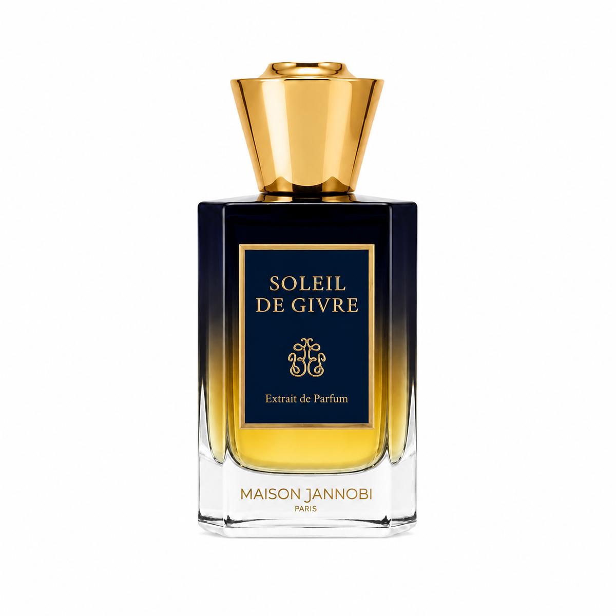 Soleil de Givre de Maison Jannobi, extrait de parfum 100 ml, flacon de face et bouchon doré sur fond blanc.