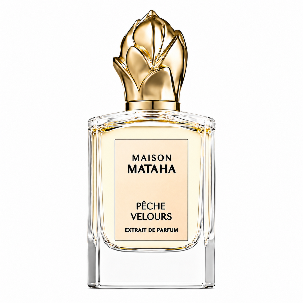 Pêche Velours de Maison Mataha, extrait de parfum 100 ml, flacon de face sur fond blanc.