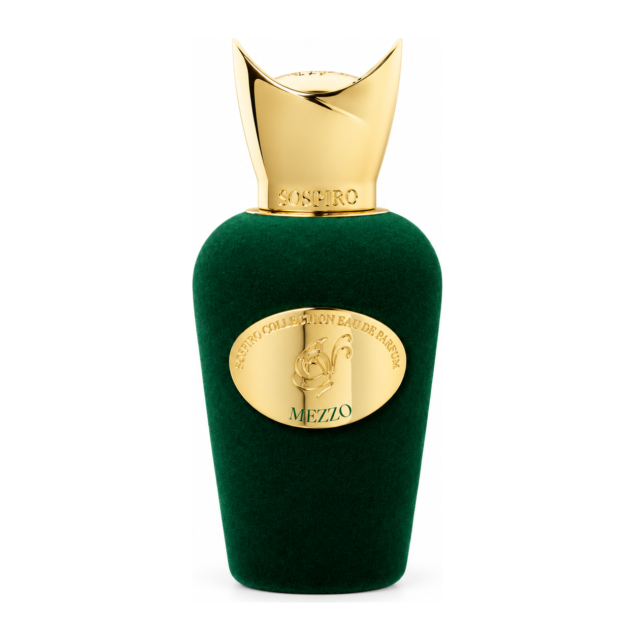 Mezzo de Sospiro, eau de parfum 100 ml, flacon de velours vert de face sur fond blanc.