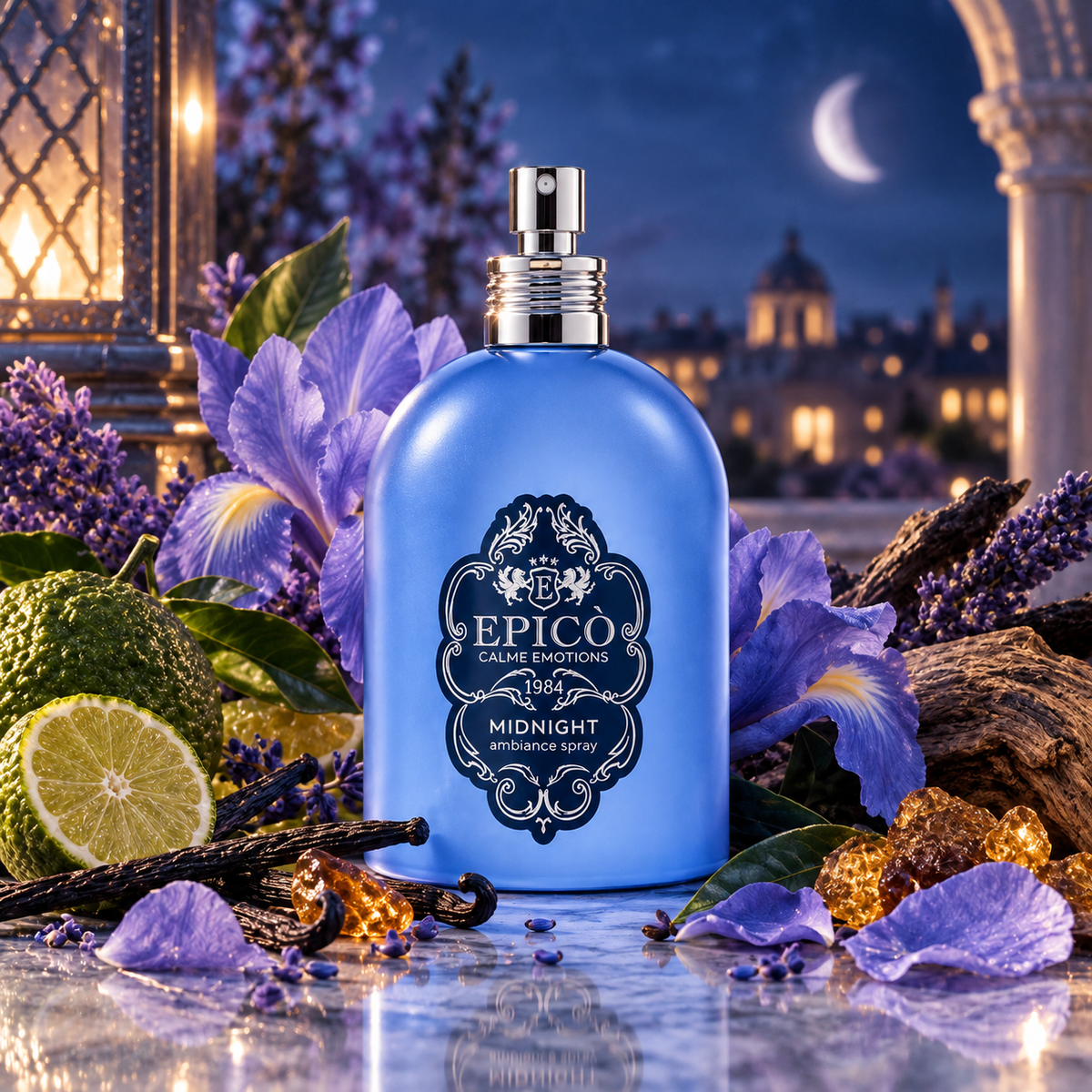 Midnight d'Epicò, brume corporelle 250 ml, flacon en mise en scène.