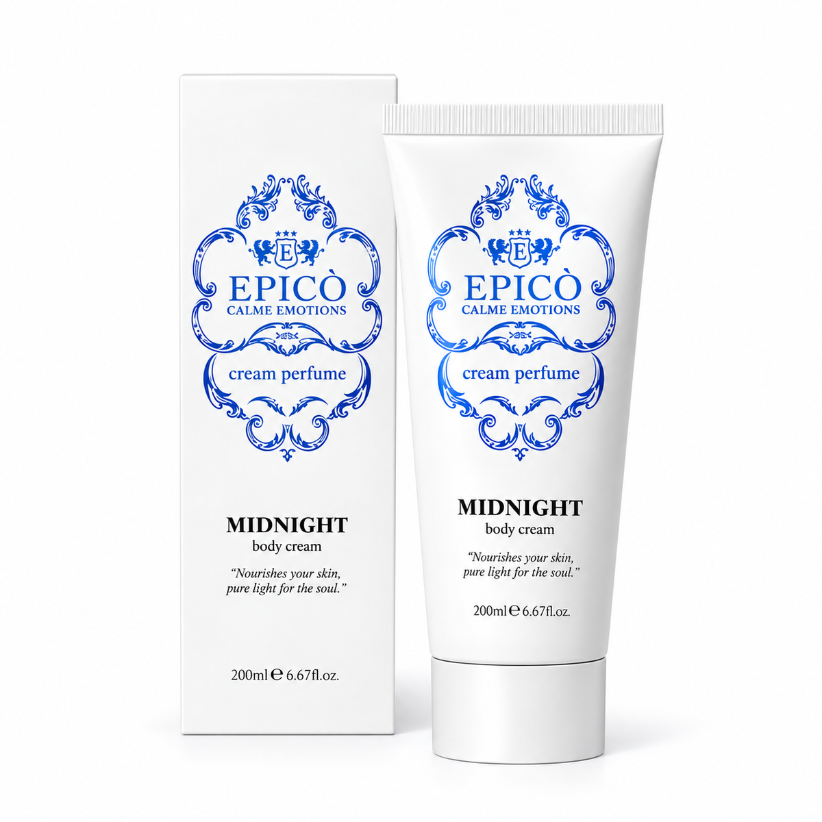 Crème corporelle Midnight d'Epicò, 200 ml, tube et étui sur fond blanc.