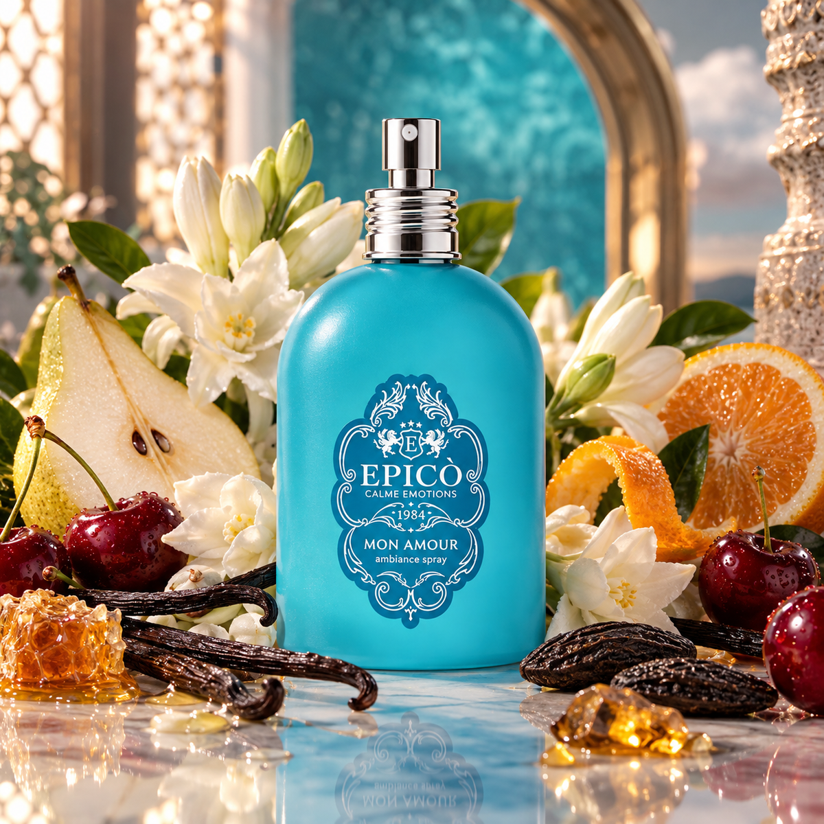 Mon Amour d'Epicò, brume corporelle 250 ml, flacon en mise en scène.