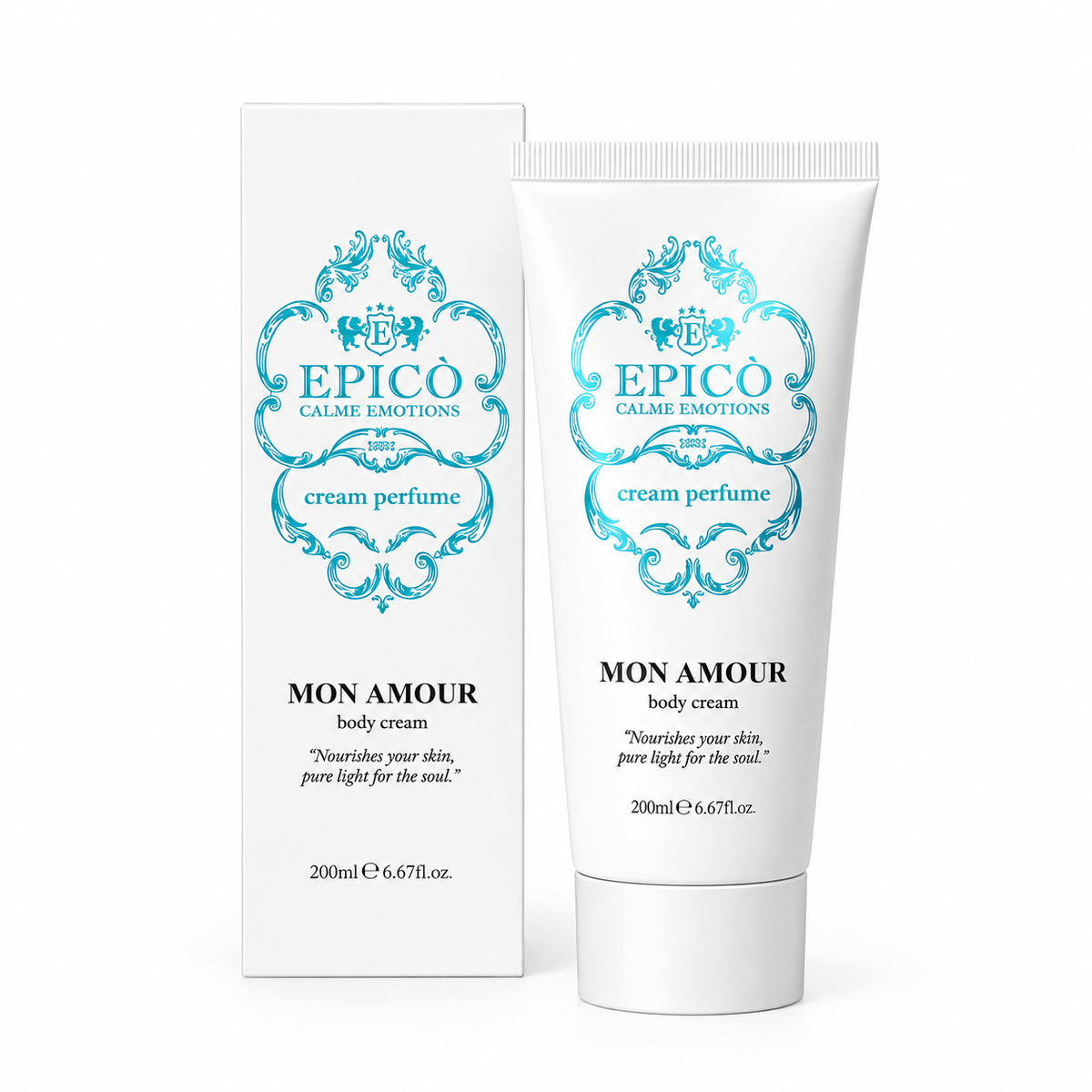 Crème corporelle Mon Amour d'Epicò, 200 ml, tube et étui sur fond blanc.