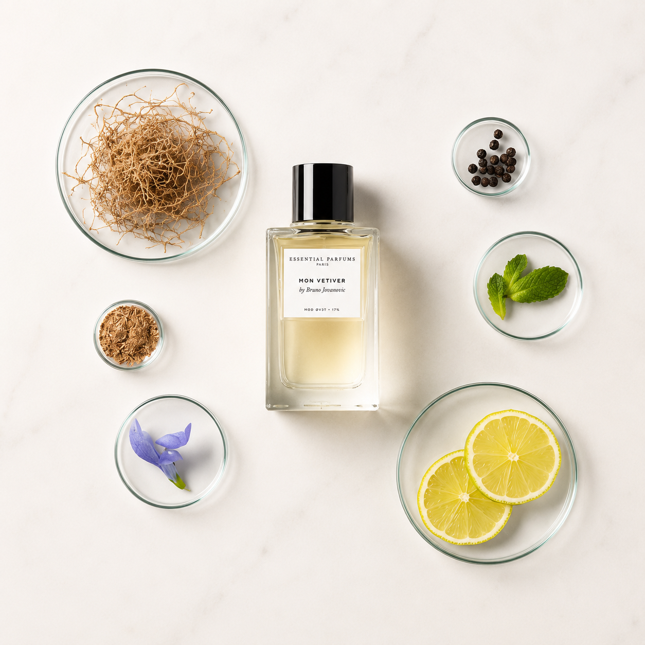Mon Vetiver d'Essential Parfums, eau de parfum 100 ml entourée de vétiver, citron, menthe, baies de genièvre, iris et bois de cachemire sur fond clair.