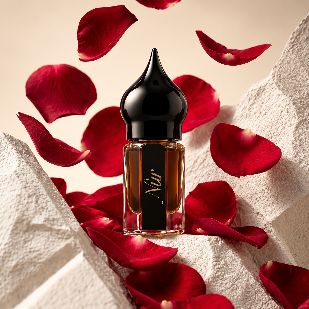 Musk Ghazal de NÛR, élixir de parfum 3 ml, mise en scène évoquant le musc du Népal et la rose de Damas.