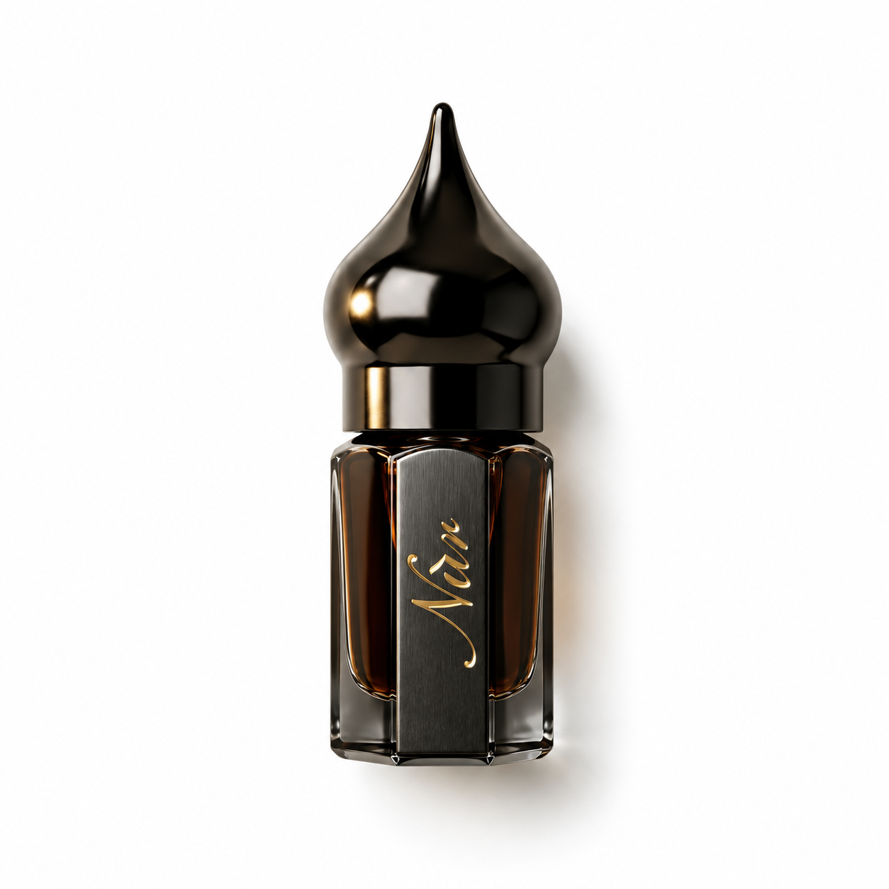Musk Ghazal de NÛR, élixir de parfum 3 ml, flacon de face sur fond blanc.