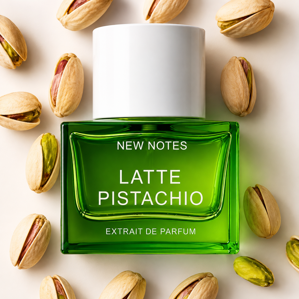 Latte Pistachio de New Notes, extrait de parfum, flacon en mise en scène.