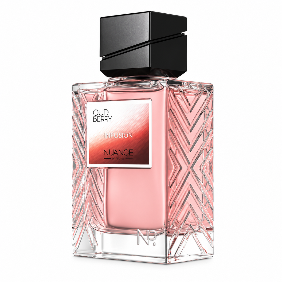 Flacon de l'eau de parfum Oud Berry 100 ml vu de trois quarts, gravure chevrons, Nuance Parfums