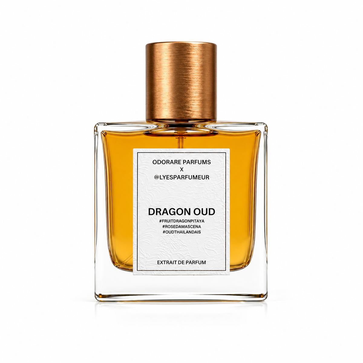 Dragon Oud d'Odorare Parfums, extrait de parfum 50 ml, flacon de face sur fond blanc.