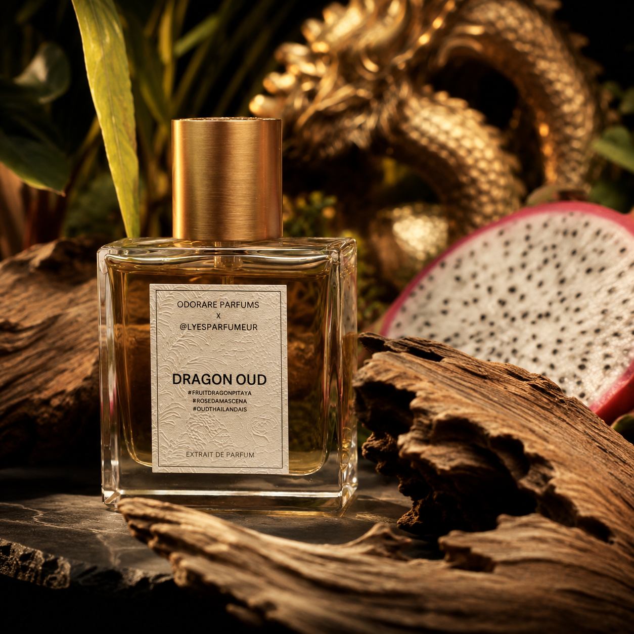 Dragon Oud d'Odorare Parfums, extrait de parfum 50 ml, mise en scène avec bois d'oud, pitaya et dragon doré.