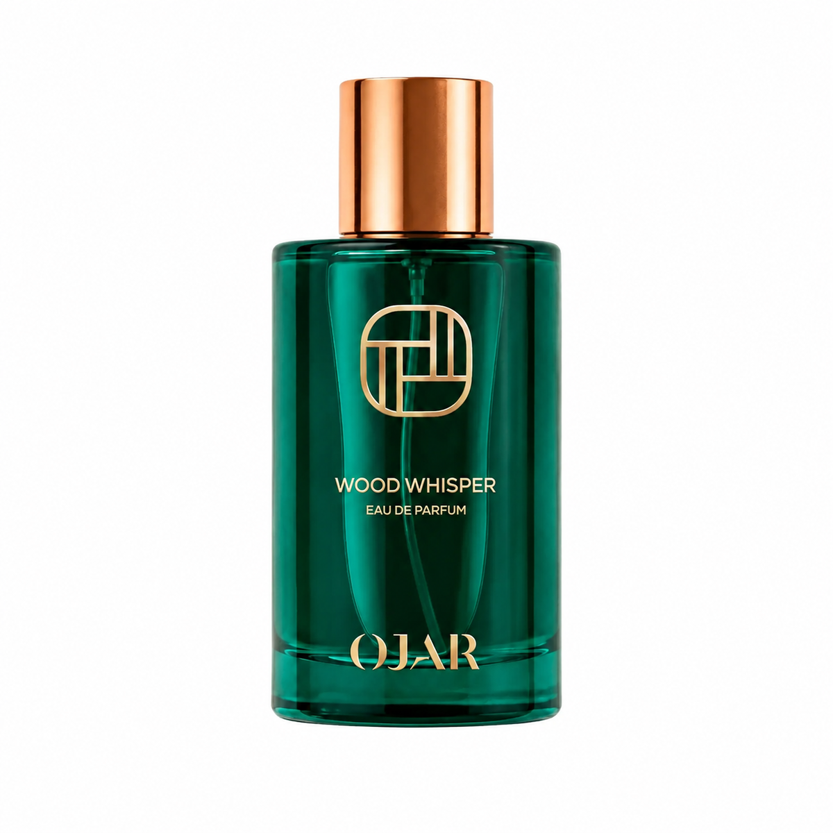 Wood Whisper d'OJAR, eau de parfum 100 ml, flacon de face sur fond blanc.