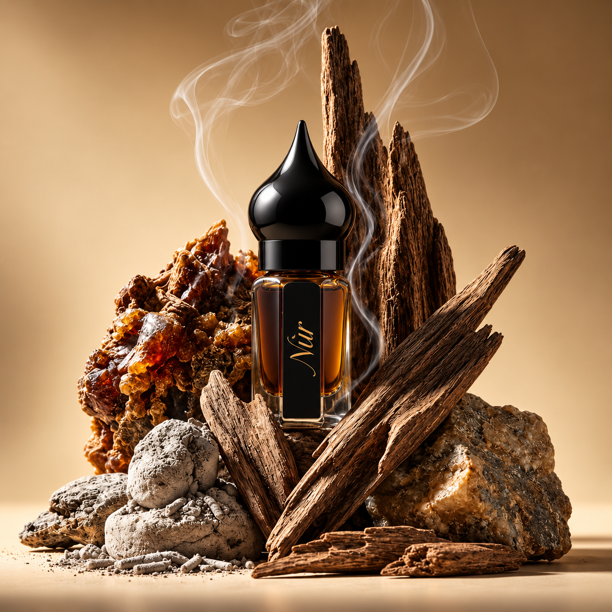 Oud Burmi de NÛR, élixir de parfum 3 ml, mise en scène évoquant l'oud naturel de Birmanie.