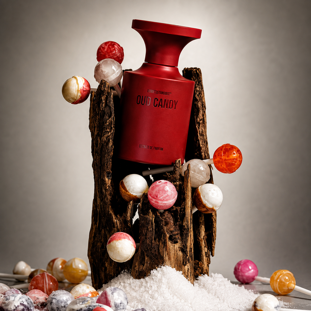 Oud Candy de Borntostandout, extrait extrême 50 ml, mise en scène avec bois de oud et sucettes.