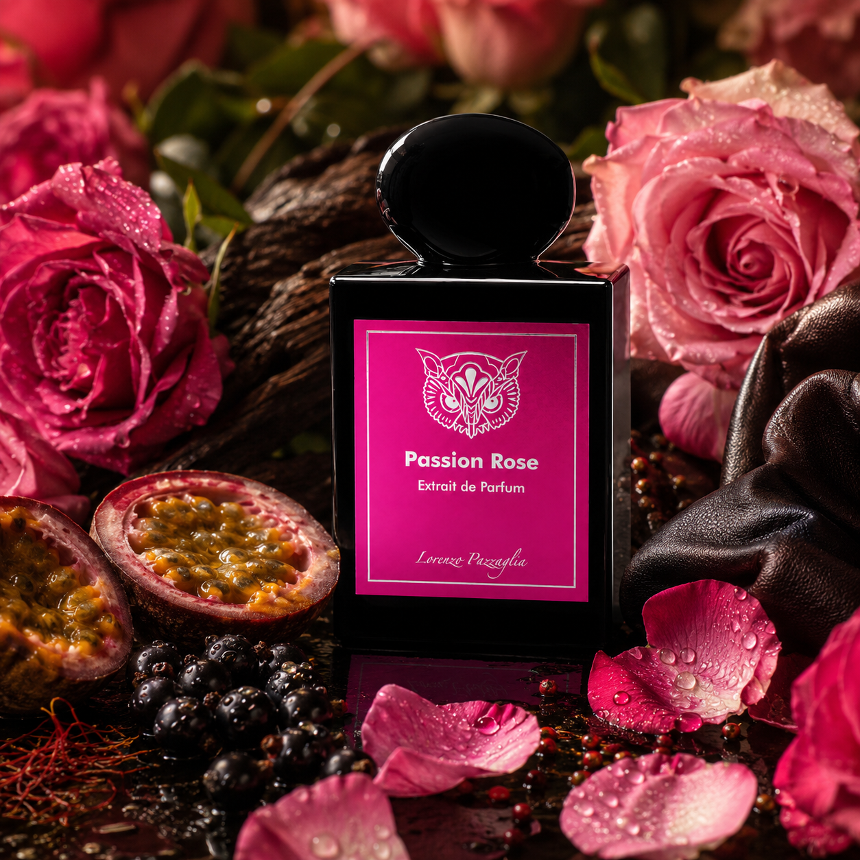 Passion Rose de Lorenzo Pazzaglia, extrait de parfum 50 ml, flacon en ambiance avec roses, fruit de la passion, cassis, cuir et épices.
