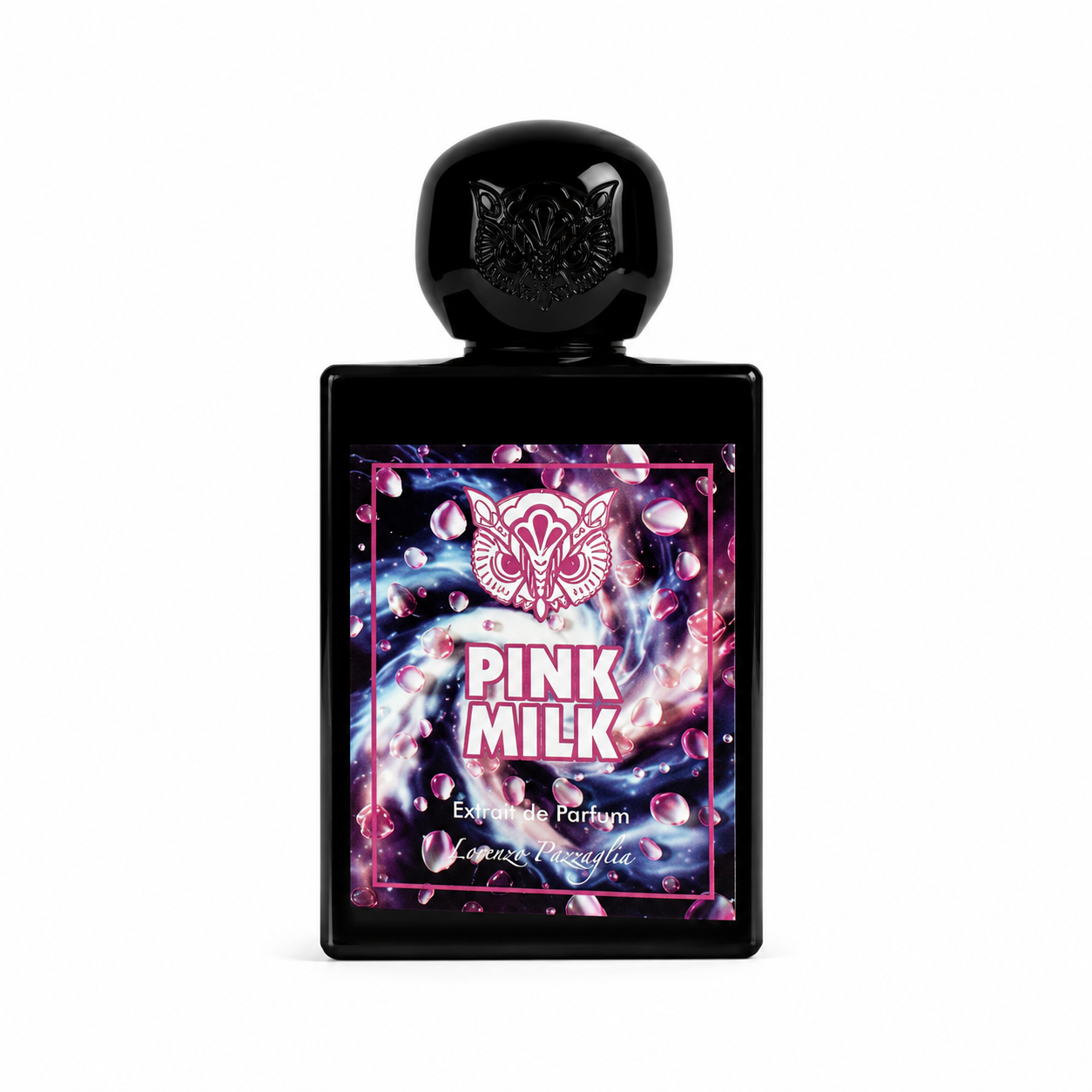 Pink Milk de Lorenzo Pazzaglia, extrait de parfum 50 ml, flacon noir sur fond blanc avec étiquette aux nuances roses, violettes et bleues évoquant un univers lacté gourmand.