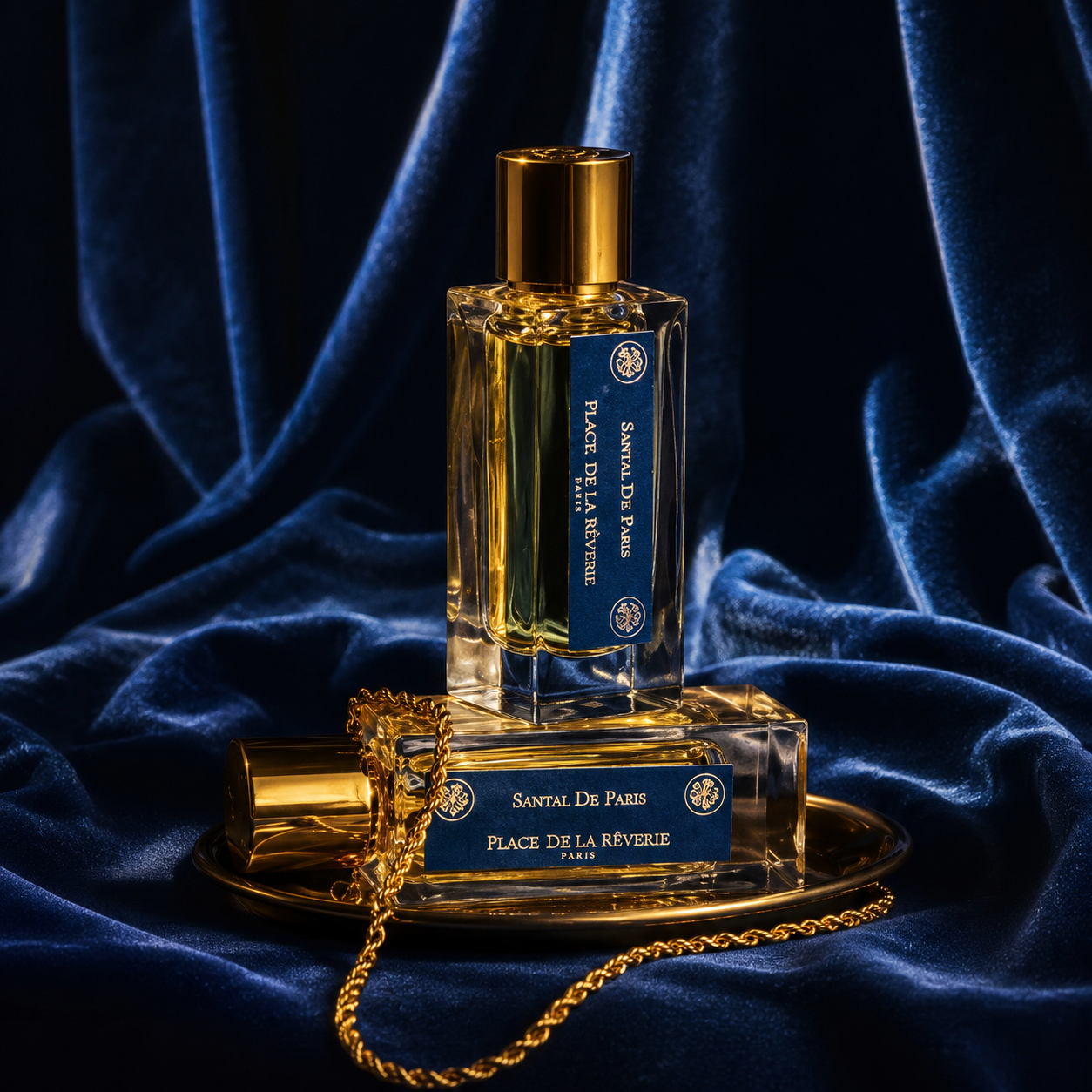 Santal de Paris de Place de la Rêverie, extrait de parfum 50 ml, mise en scène sur velours bleu avec chaîne dorée.
