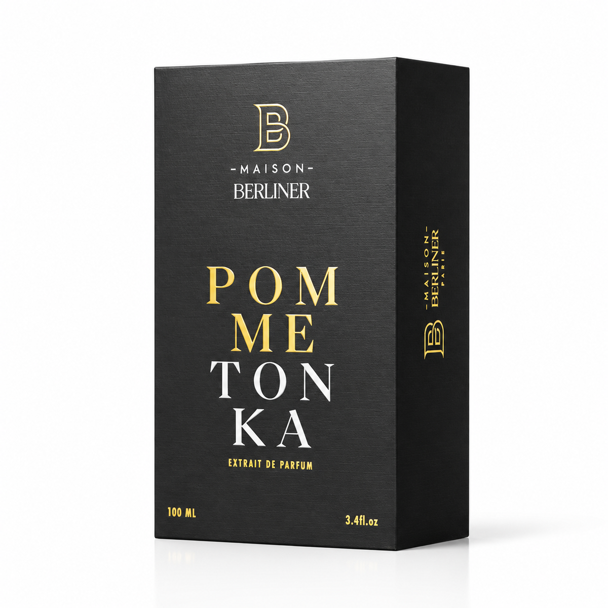 Pomme Tonka de Maison Berliner, extrait de parfum 100 ml, flacon et coffret sur fond blanc.