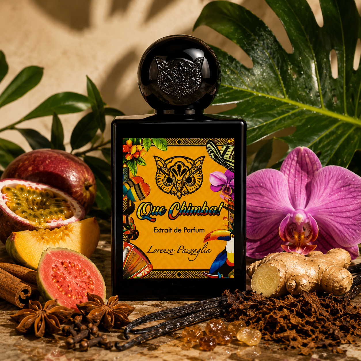 Que Chimba! de Lorenzo Pazzaglia, extrait de parfum 50 ml, flacon en ambiance inspirée de la Colombie avec fruits exotiques, orchidée Cattleya, anis étoilé, épices, feuillage tropical et oiseaux colorés.
