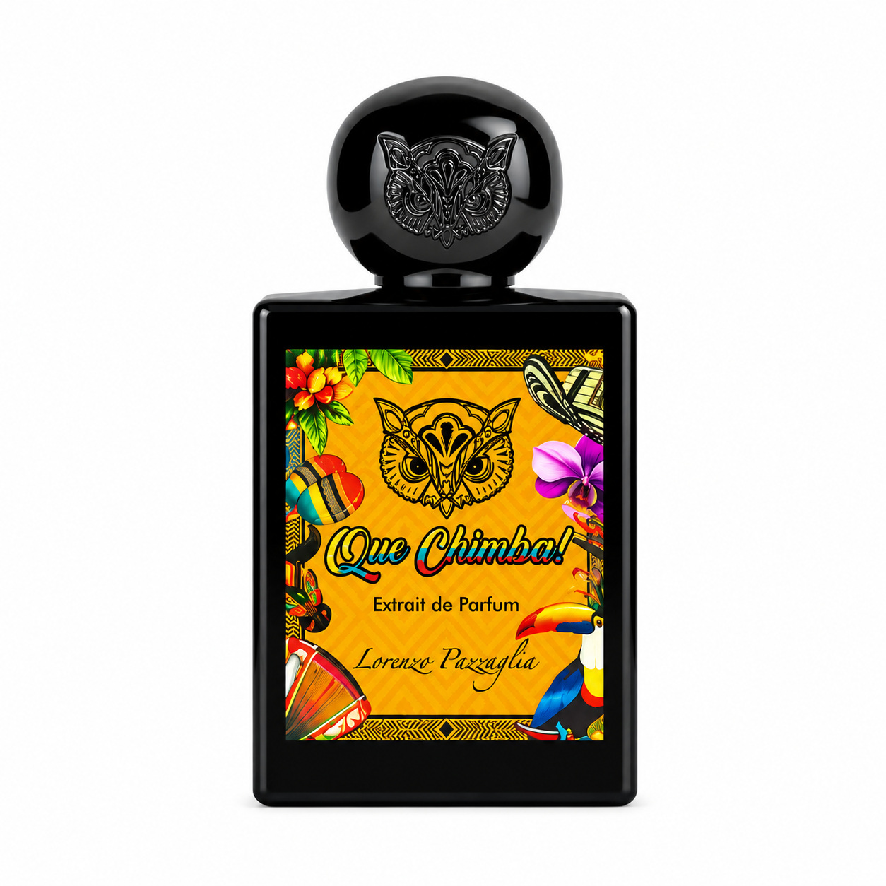 Que Chimba! de Lorenzo Pazzaglia, extrait de parfum 50 ml, flacon noir sur fond blanc avec étiquette inspirée de la Colombie aux couleurs tropicales.