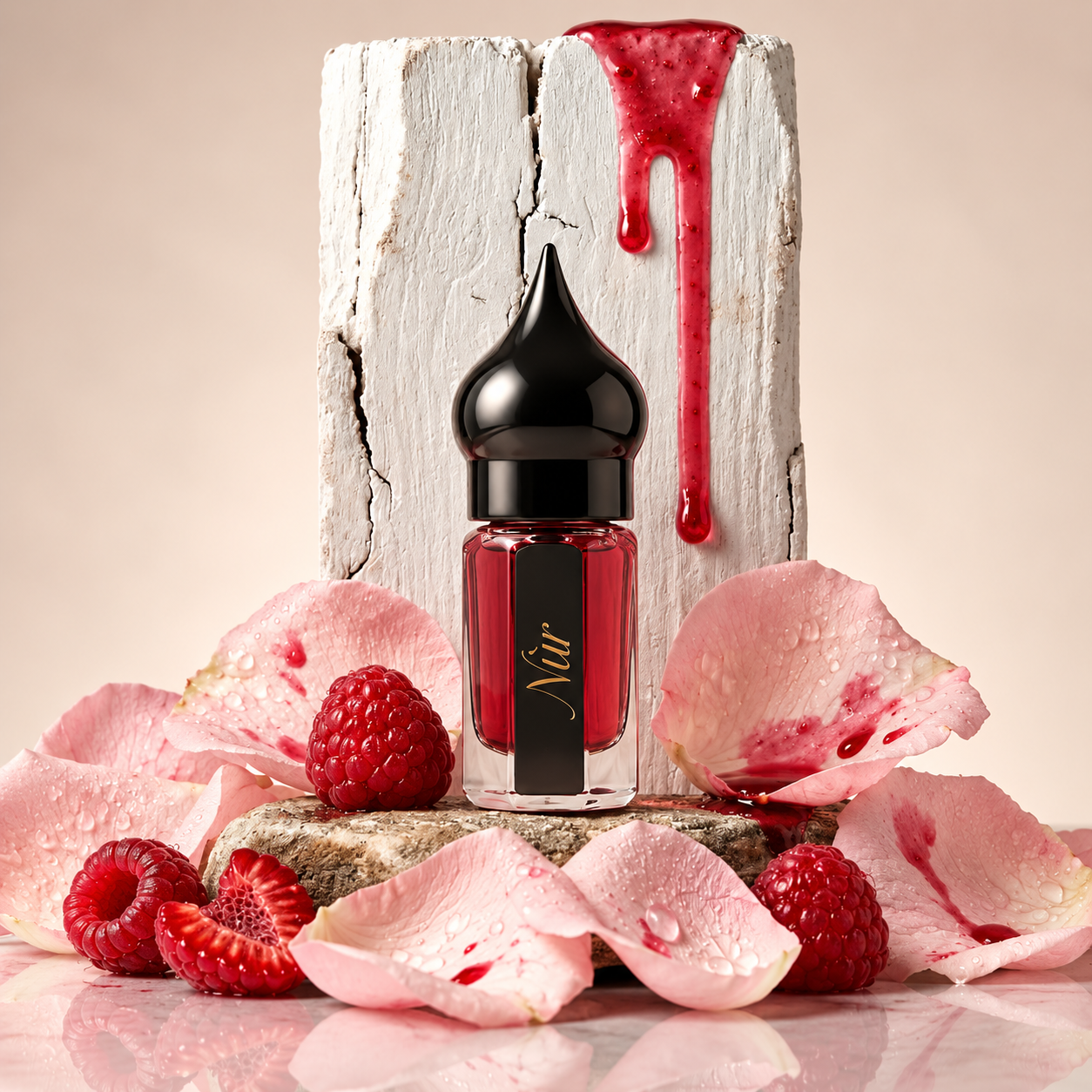 Rose Polka de NÛR, élixir de parfum 3 ml, mise en scène évoquant la rose de Bulgarie et la framboise.