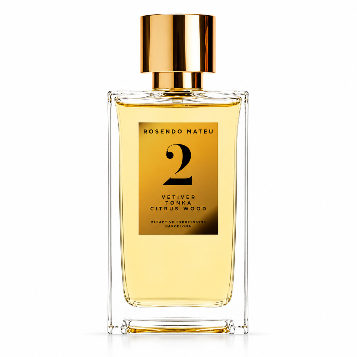 N°2 de Rosendo Mateu, eau de parfum 100 ml, flacon de face sur fond blanc.