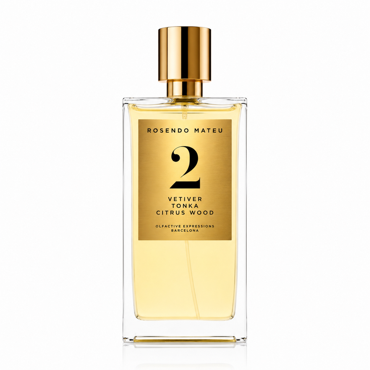 N°2 de Rosendo Mateu, eau de parfum 50 ml, flacon de face sur fond blanc.