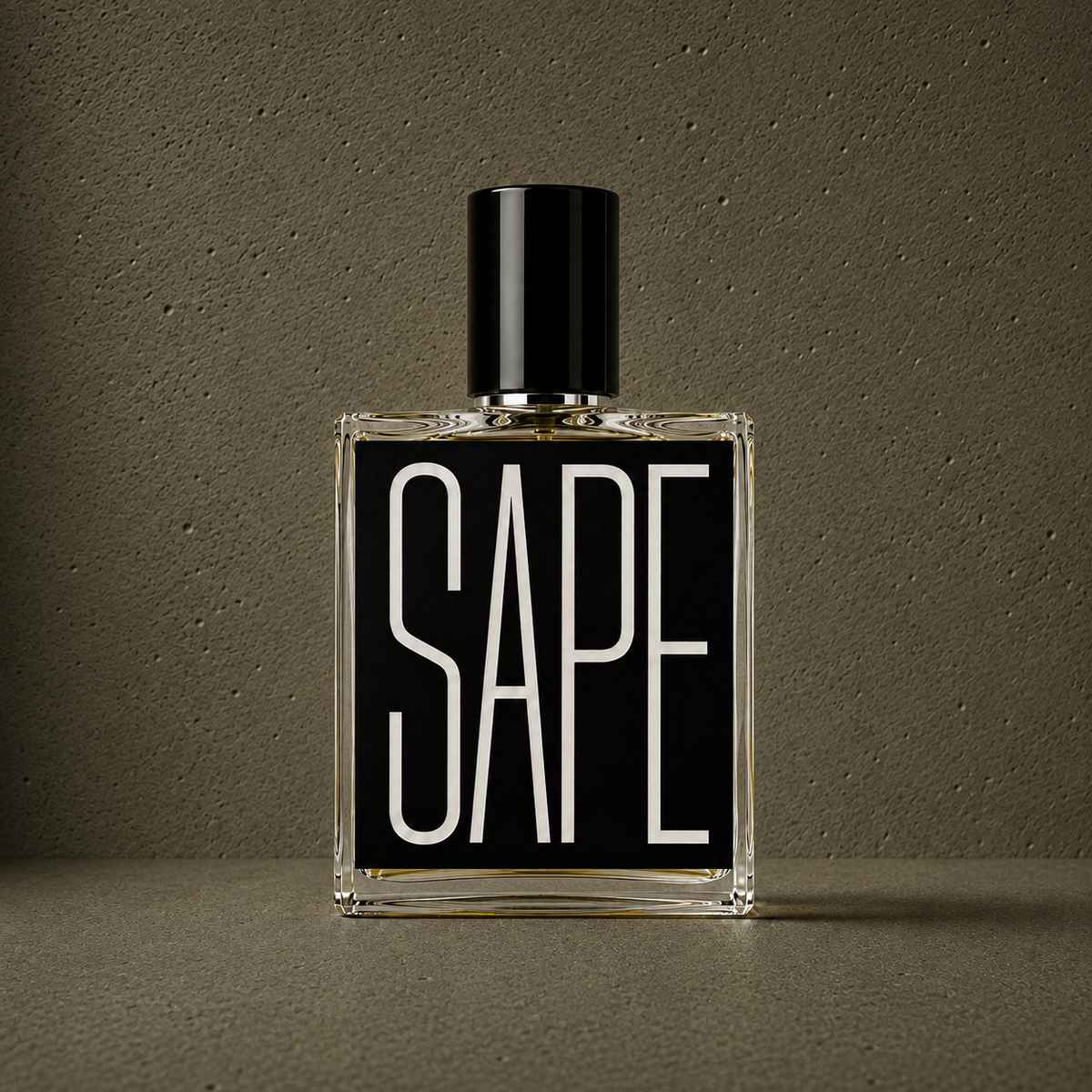 Sape d'Indices Parfums, eau de parfum 50 ml, flacon en mise en scène sur fond kaki texturé.