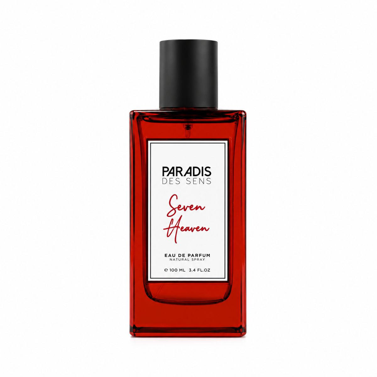 Seven Heaven de Paradis des Sens, eau de parfum 100 ml, flacon rouge de face sur fond blanc.