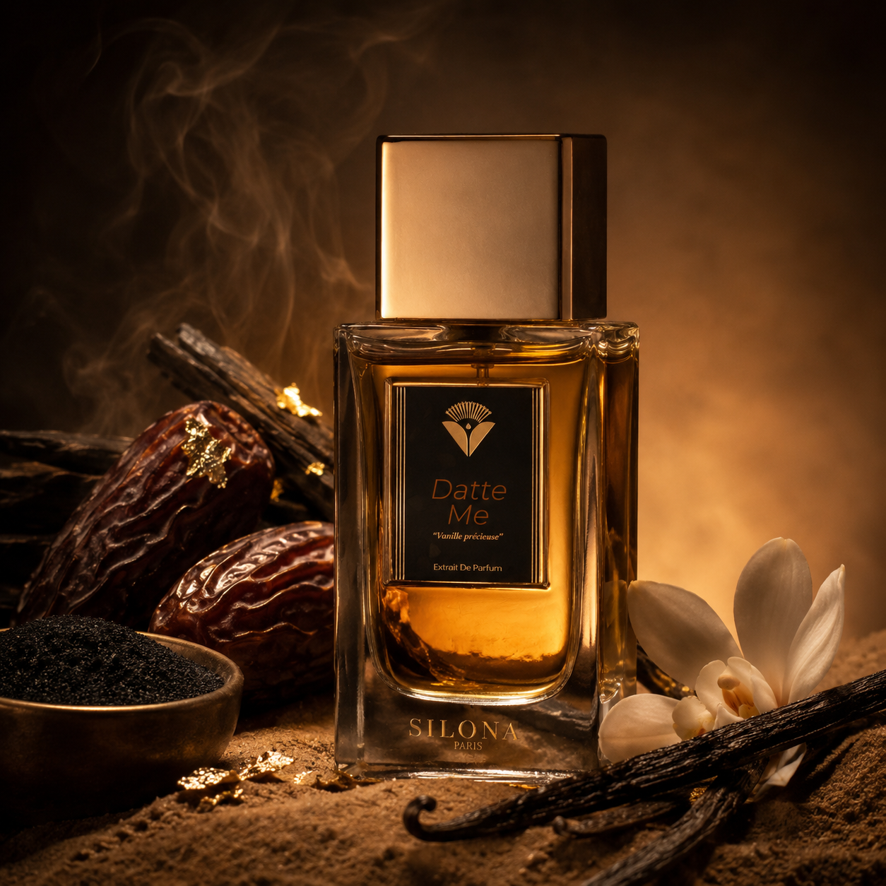 Datte Me de Silona dans une mise en scène luxueuse avec dattes, gousses de vanille et accords gourmands.