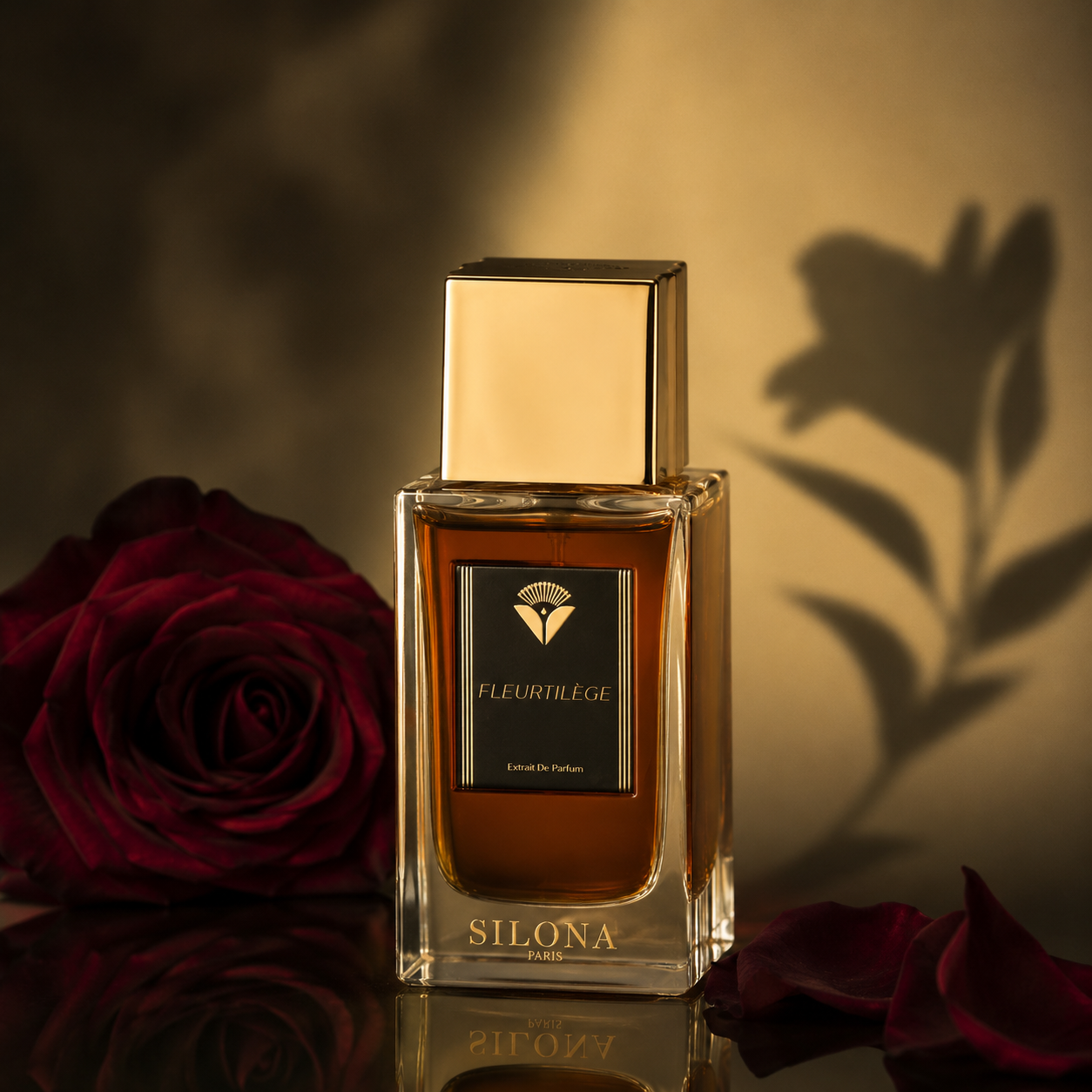 Fleurtilège de Silona dans une mise en scène luxueuse avec rose rouge et jeu d'ombres florales.