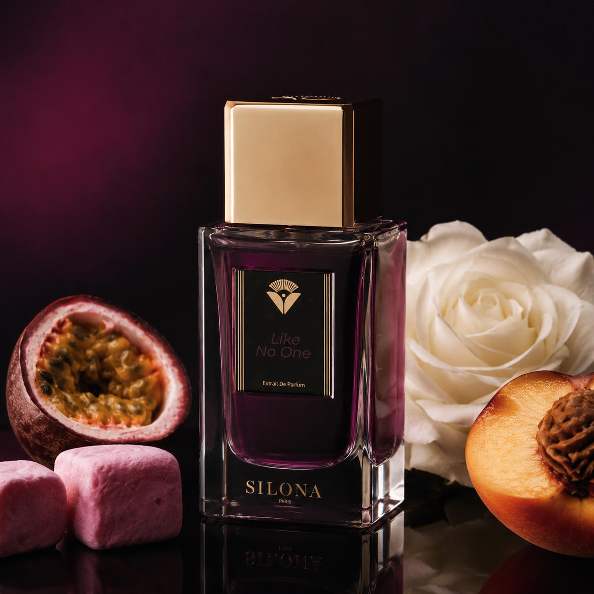 Like No One de Silona dans une mise en scène luxueuse avec fruit de la passion, rose blanche, pêche et guimauves