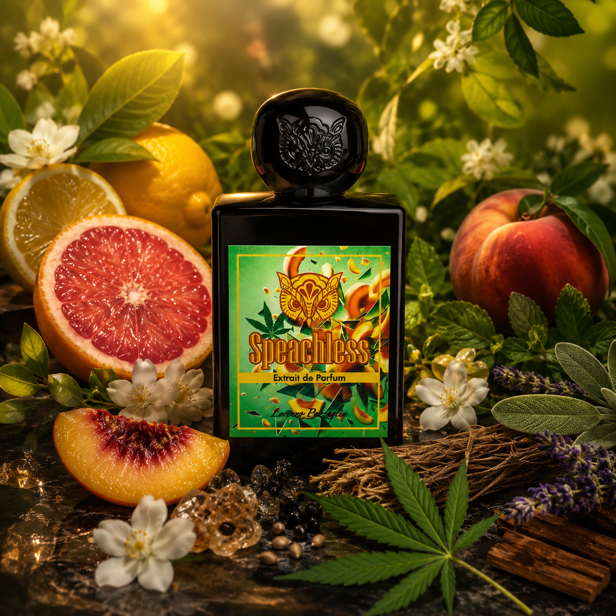 Speachless de Lorenzo Pazzaglia, extrait de parfum 50 ml, flacon en ambiance avec pêche, agrumes, litchi, thé vert, fleurs blanches, cannabis, vétiver et bois de santal.
