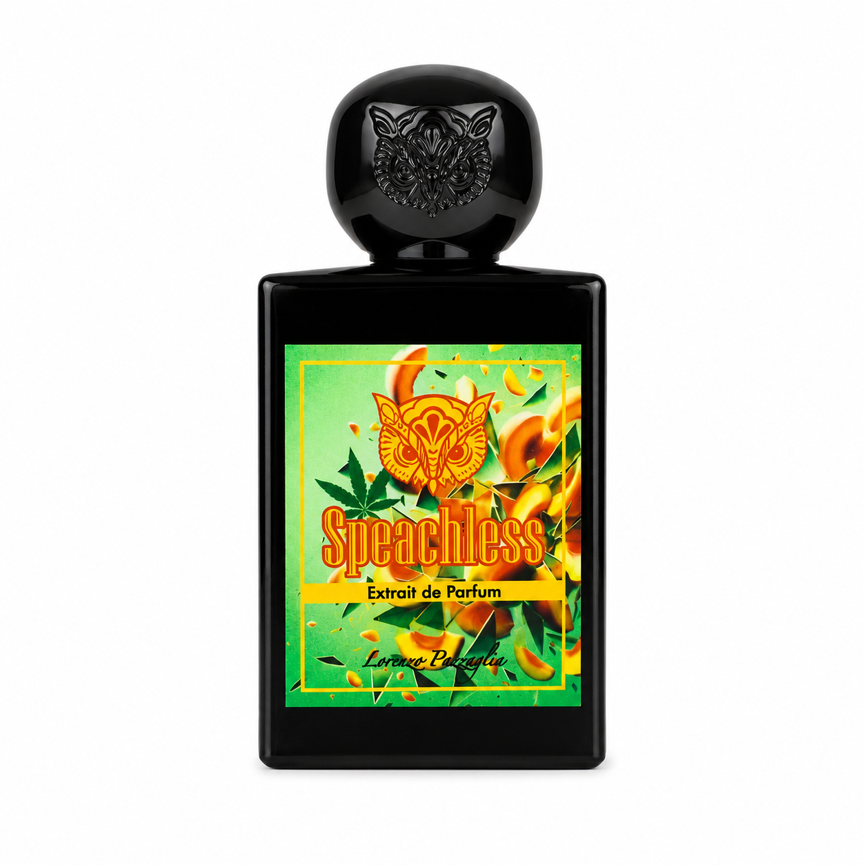 Speachless de Lorenzo Pazzaglia, extrait de parfum 50 ml, flacon noir sur fond blanc avec étiquette aux nuances vertes et orangées.