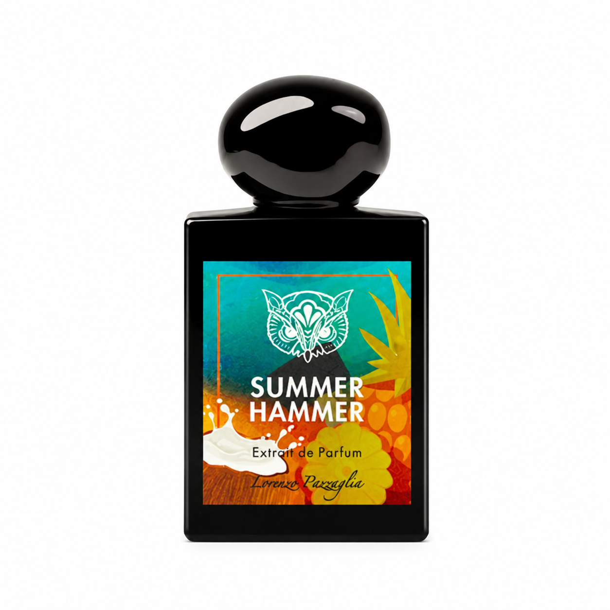 Flacon Summer Hammer de Lorenzo Pazzaglia, extrait de parfum 50 ml aux notes tropicales de mangue, ananas et noix de coco.