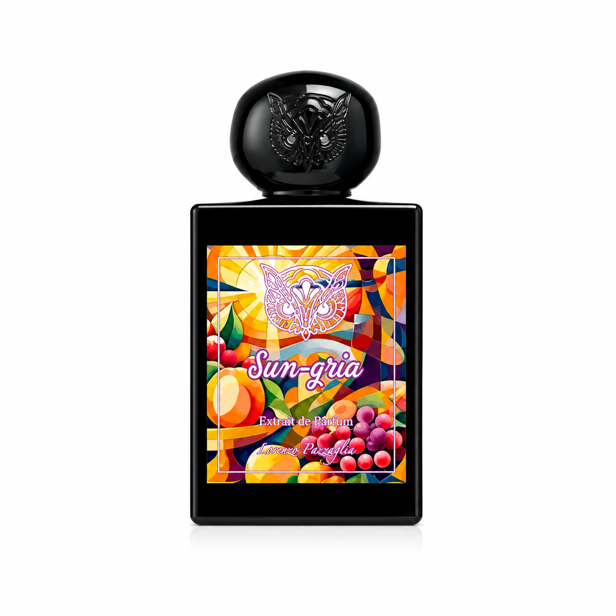 Sun Gria de Lorenzo Pazzaglia, extrait de parfum 50 ml, flacon noir sur fond blanc avec étiquette aux couleurs estivales et fruitées.