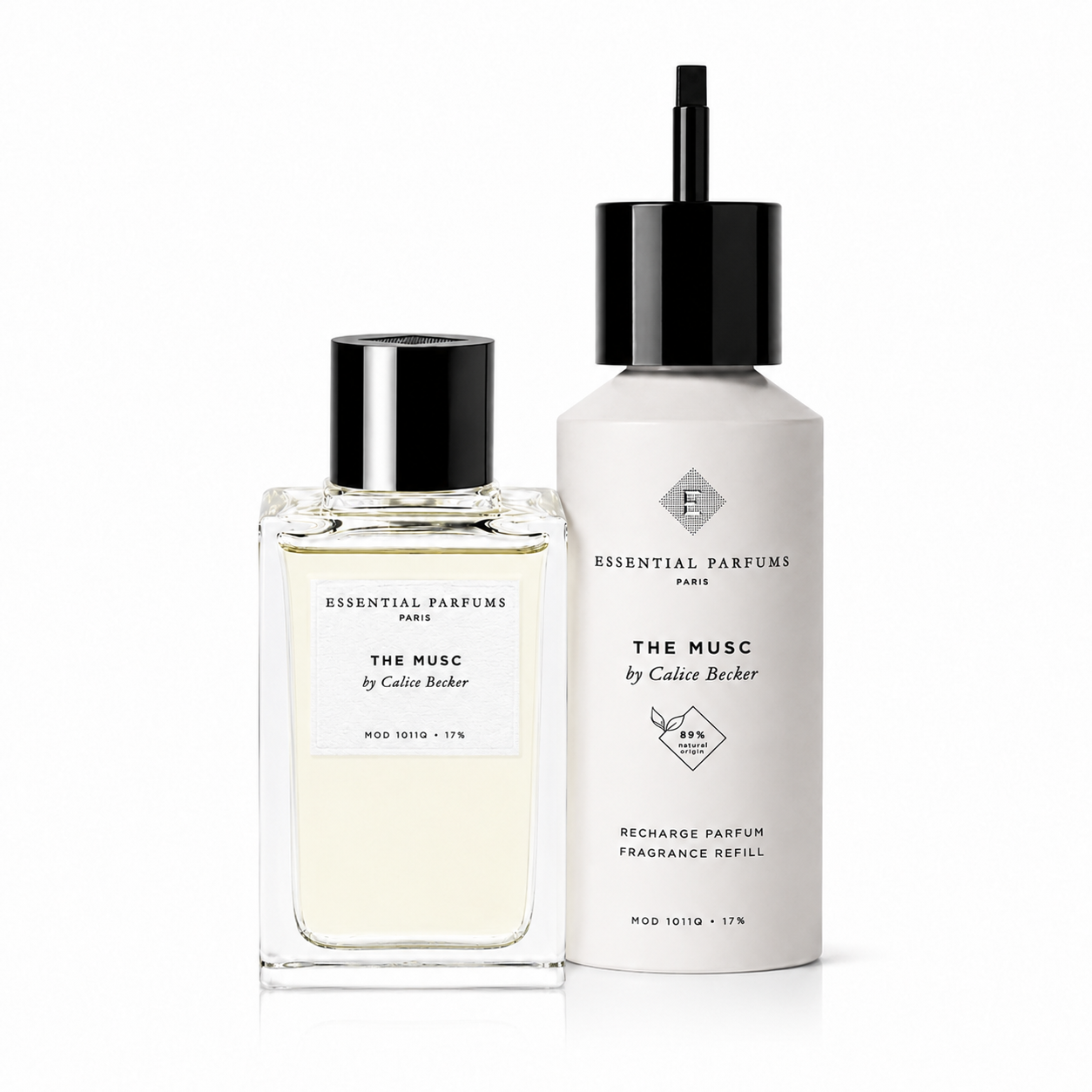The Musc d'Essential Parfums, eau de parfum 100 ml accompagnée de sa recharge parfum 150 ml, présentés côte à côte sur fond blanc.