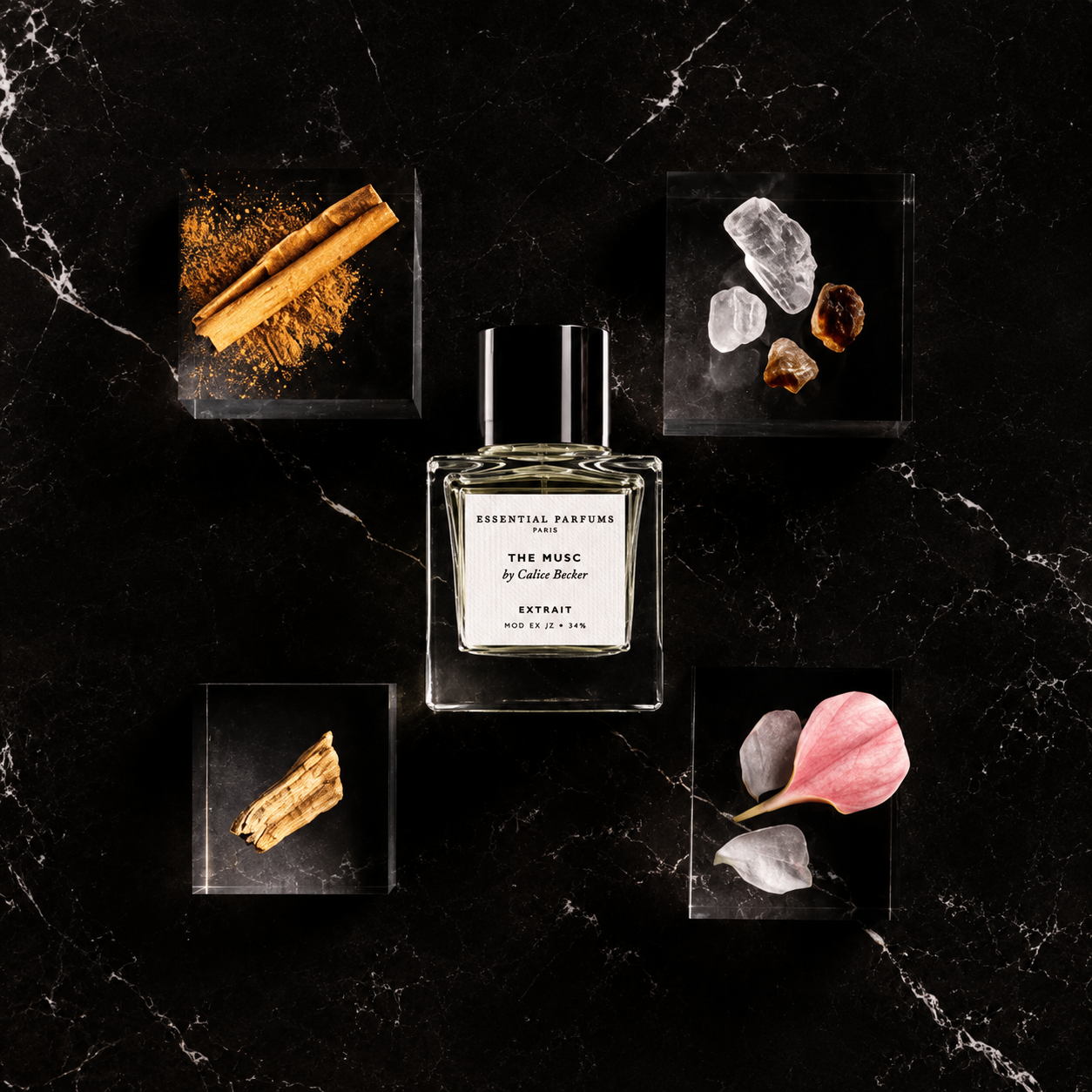 The Musc Extrait d'Essential Parfums, extrait de parfum 30 ml entouré de cannelle, muscs cristallins, bois de santal et pétales de rose sur fond noir.
