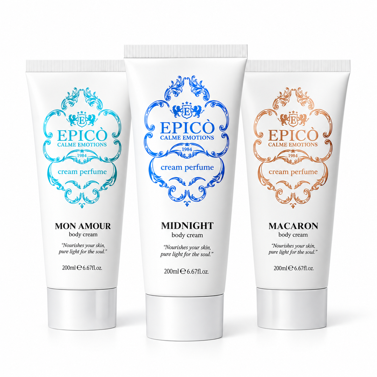 Les trois crèmes corporelles d'Epicò, Mon Amour, Midnight et Macaron, soins parfumés de 200 ml.