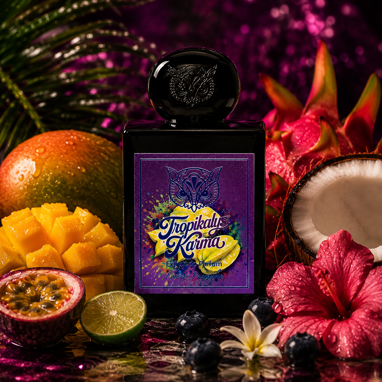 Tropikalys Karma de Lorenzo Pazzaglia, extrait de parfum 50 ml, flacon en ambiance tropicale avec mangue, fruit de la passion, noix de coco, citron vert, fruit du dragon et fleurs d'hibiscus.