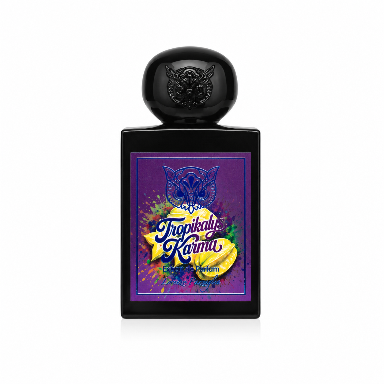 Tropikalys Karma de Lorenzo Pazzaglia, extrait de parfum 50 ml, flacon de face sur fond blanc.