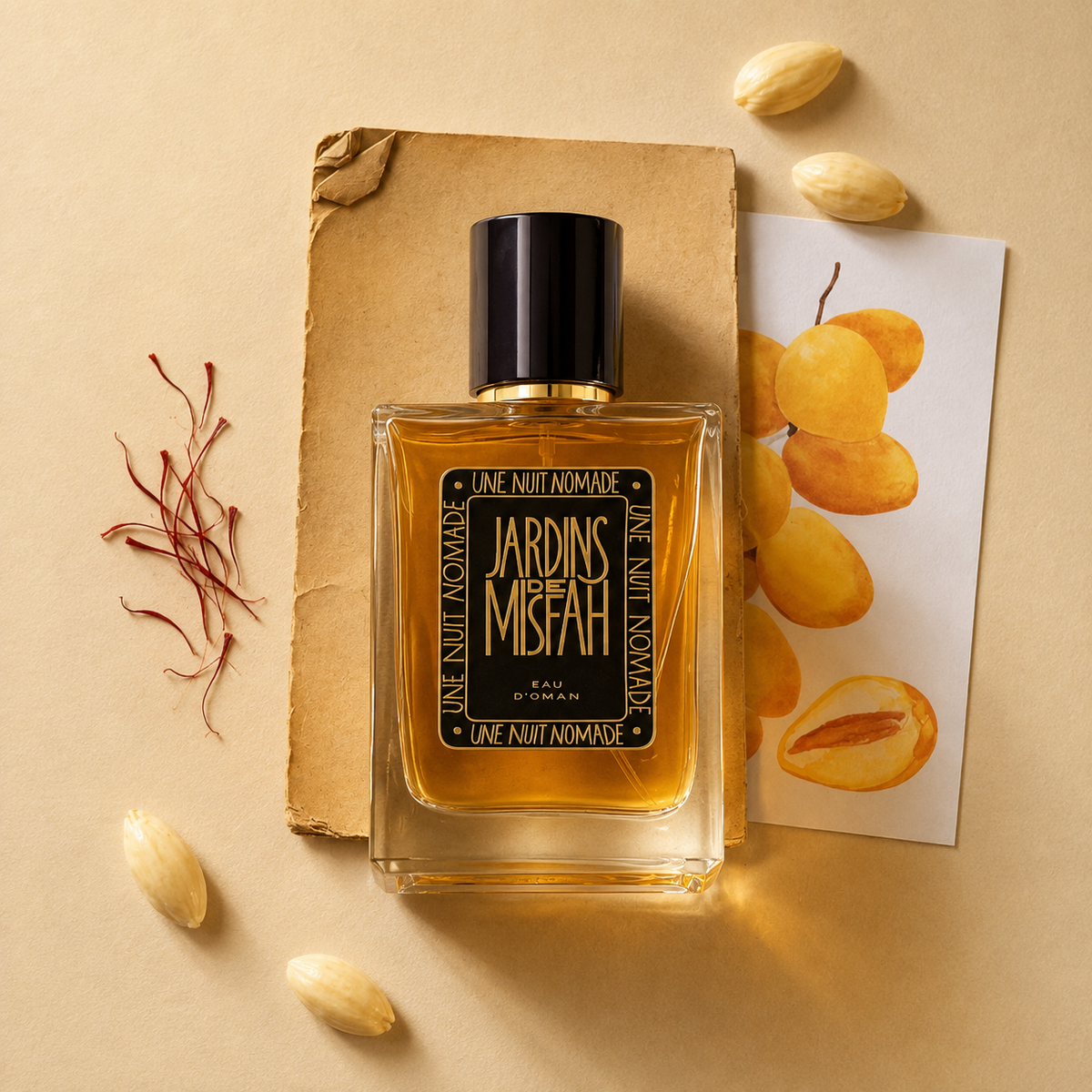 Jardins de Misfah Une Nuit Nomade Eau de Parfum mise en scène avec dattes et safran