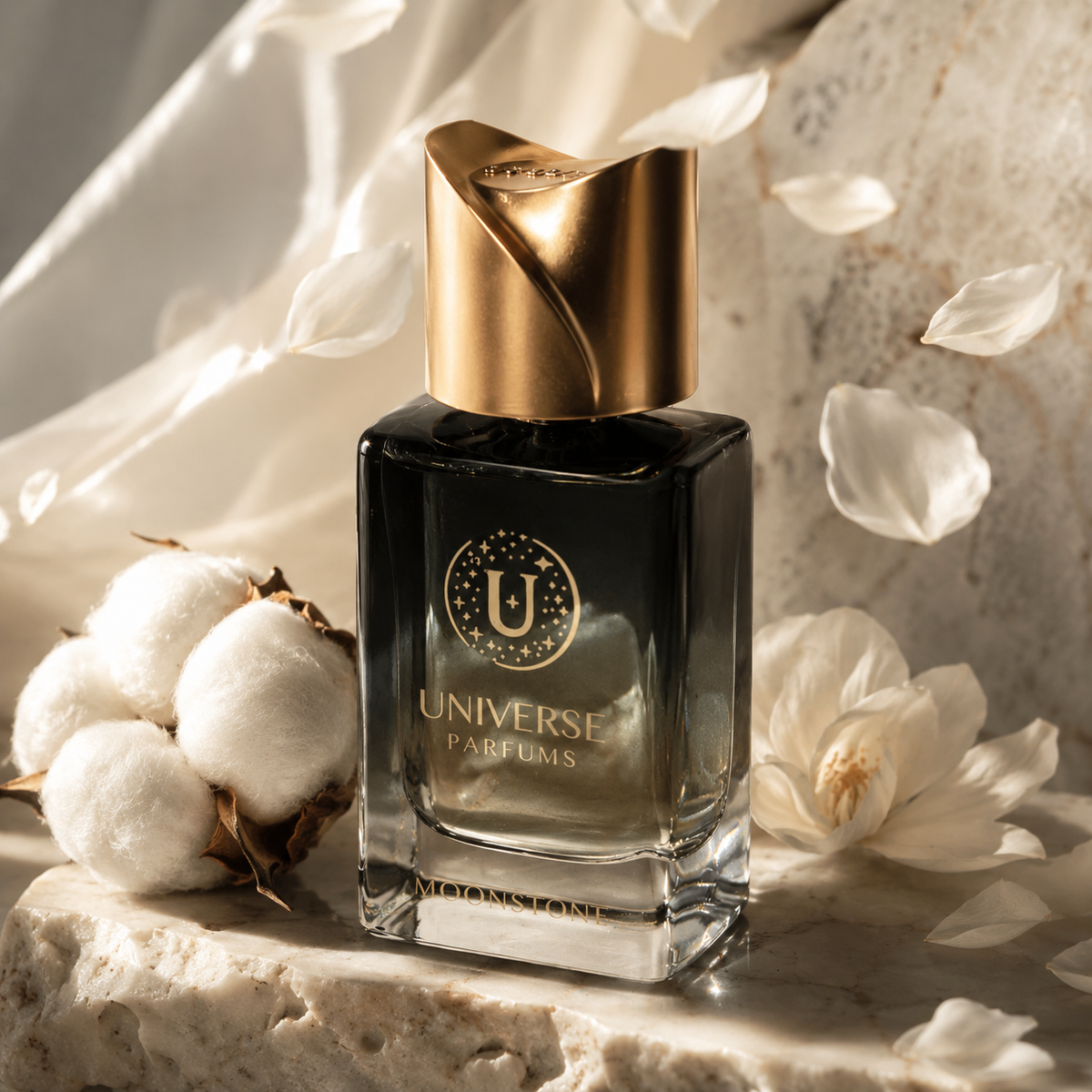 Moonstone d'Universe Parfums, extrait de parfum 50 ml, flacon en mise en scène avec coton et pétales blancs.