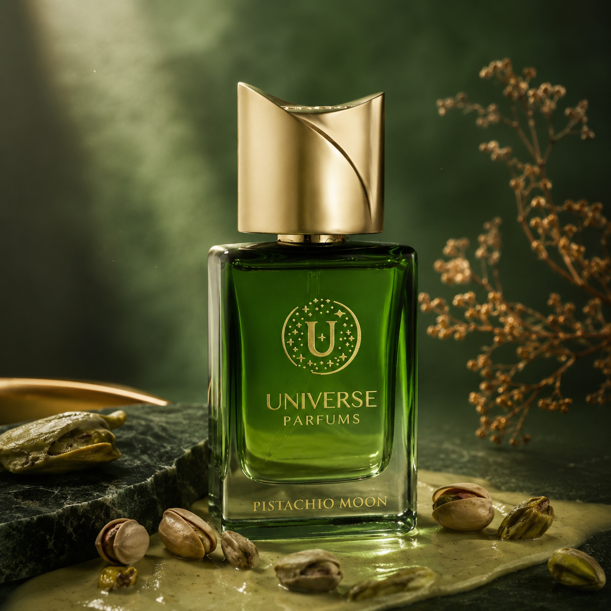 Pistachio Moon d'Universe Parfums, extrait de parfum 50 ml, flacon en mise en scène avec pistaches et crème de pistache.