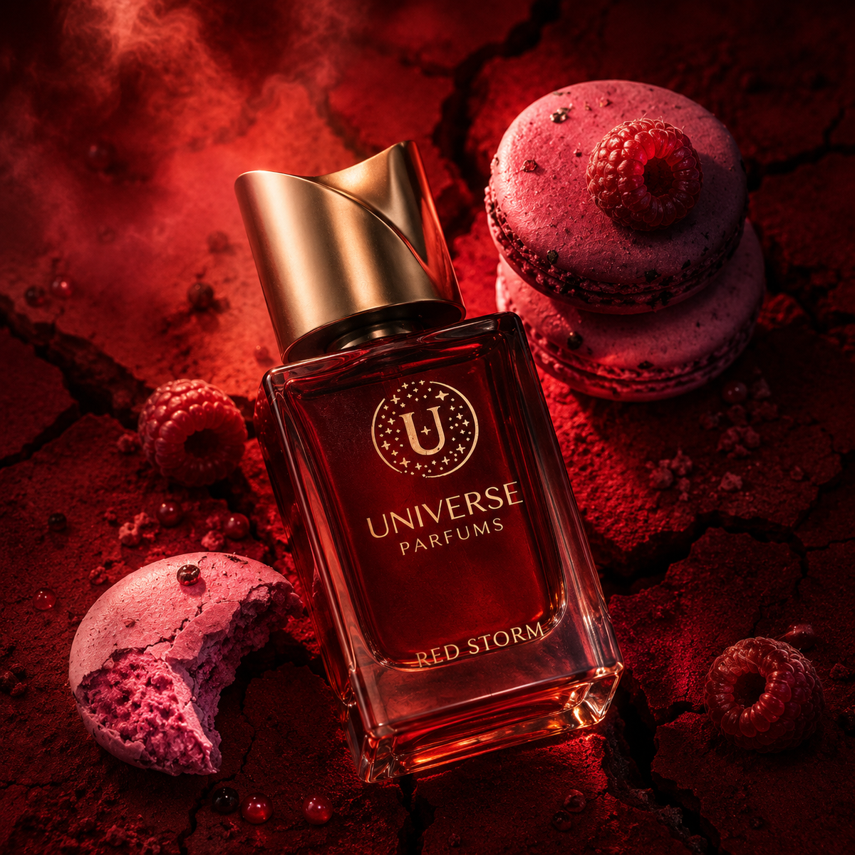 Red Storm d'Universe Parfums, extrait de parfum 50 ml, flacon en mise en scène avec framboises et macarons.