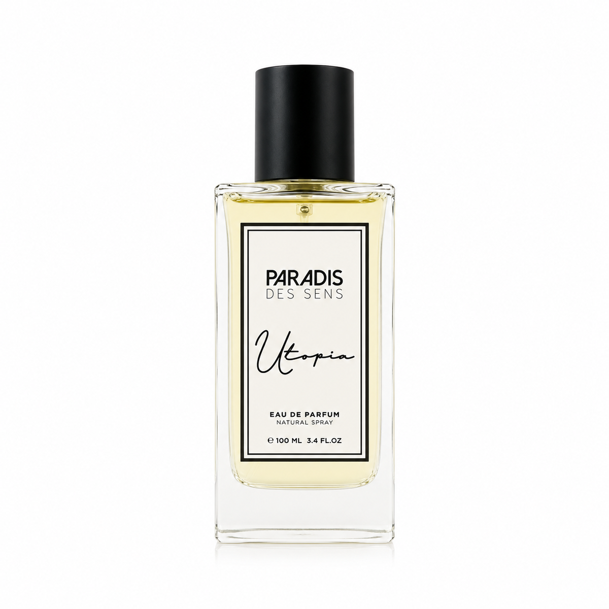 Utopia de Paradis des Sens, eau de parfum 100 ml, flacon transparent au jus ambré de face sur fond blanc.