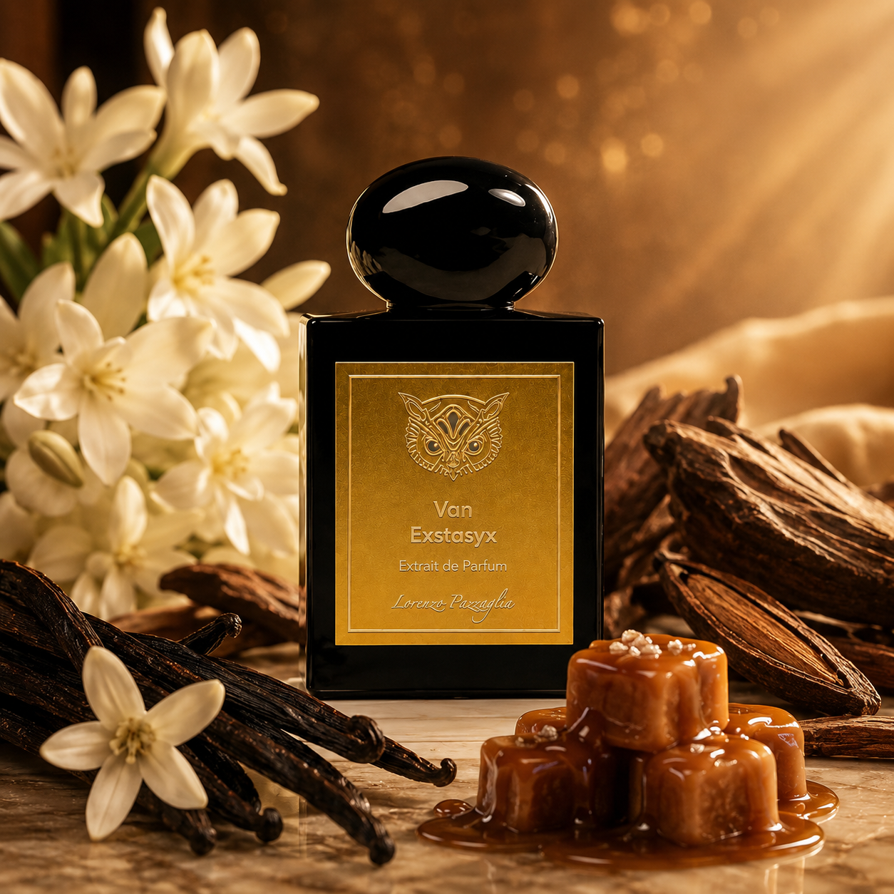 Van Exstasyx de Lorenzo Pazzaglia, extrait de parfum 50 ml, flacon en ambiance avec gousses de vanille, fleurs blanches, caramel et bois d'agar.